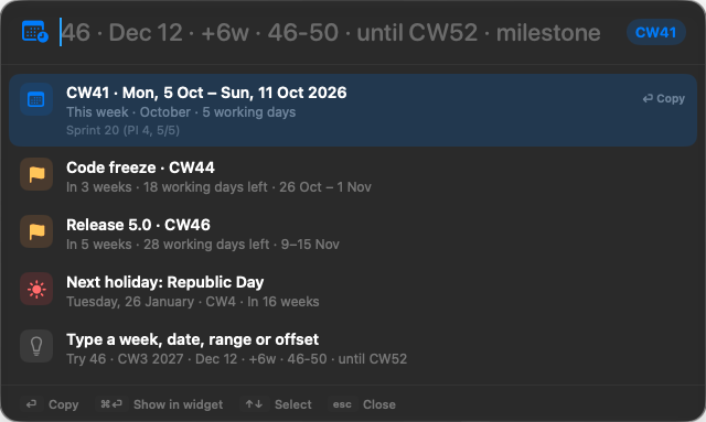 The Quick Finder panel listing this week, two upcoming milestones and the next holiday