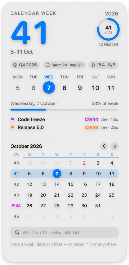 The Weekmark widget showing the calendar week, quarter, sprint and PI chips, upcoming milestones and a month grid with week numbers
